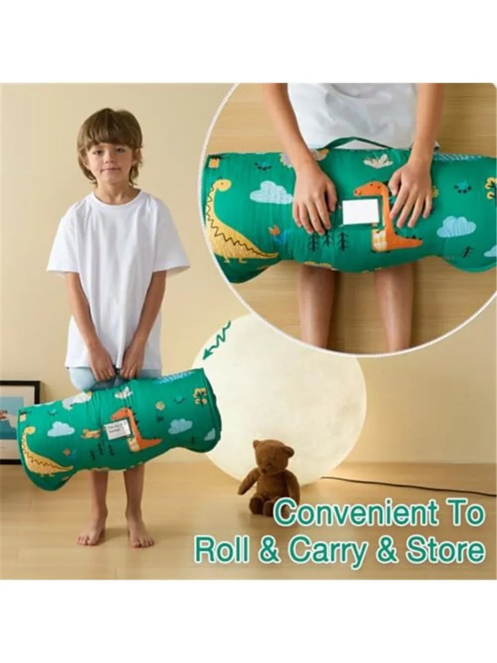 Toddler Nap Mat Rollup Design Kid Sleeping Mat with Removable Pillow & Minky